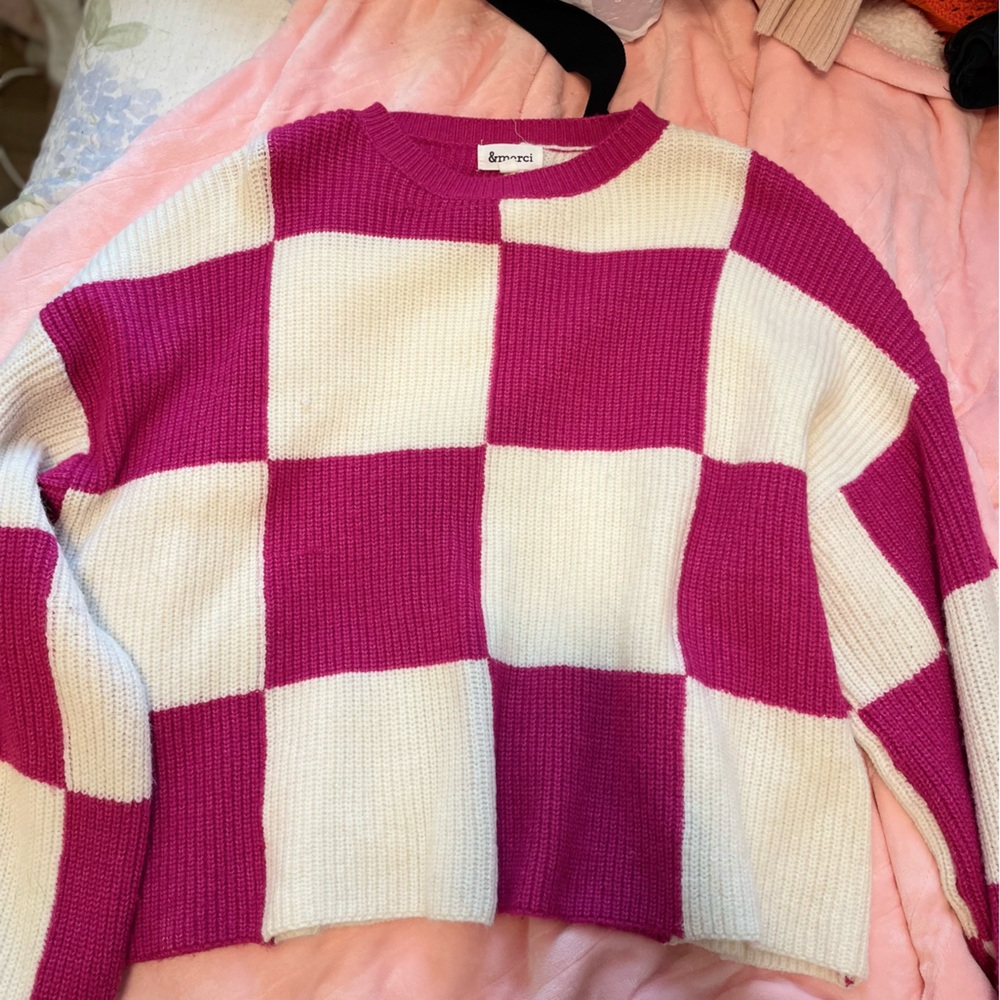 Drew Pink and White Checkered Crew Neck Sweater